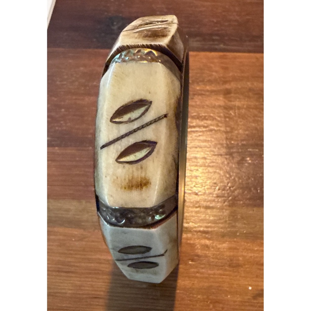 Tribal Bangle Bracelet - Vintage Brass and Bone Embossed Design Big And Chunky